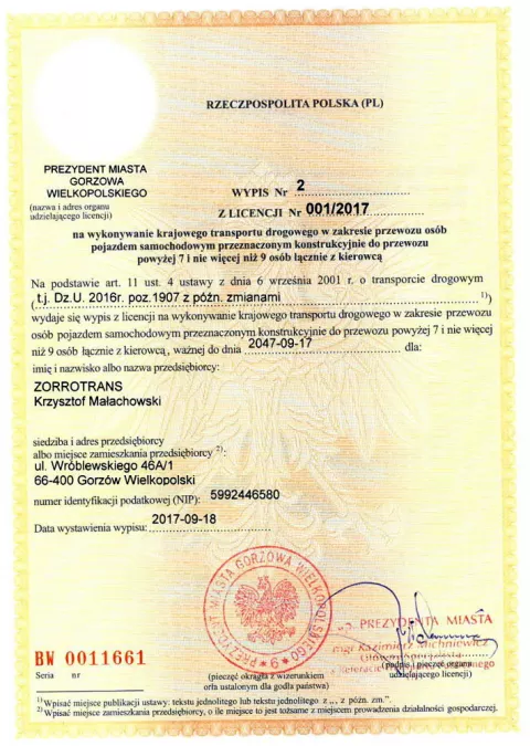 Licencja Prezydenta Miasta Gorzowa - wypis 2