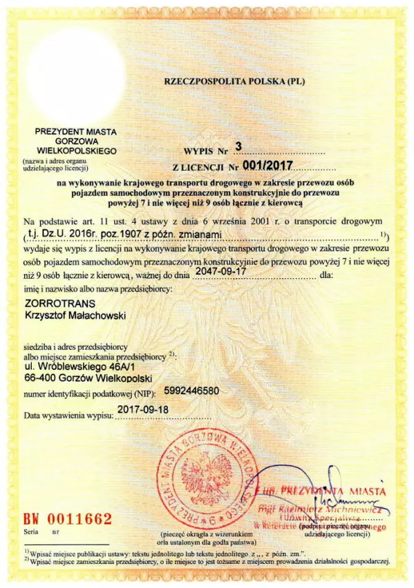 Licencja Prezydenta Miasta Gorzowa - wypis 3