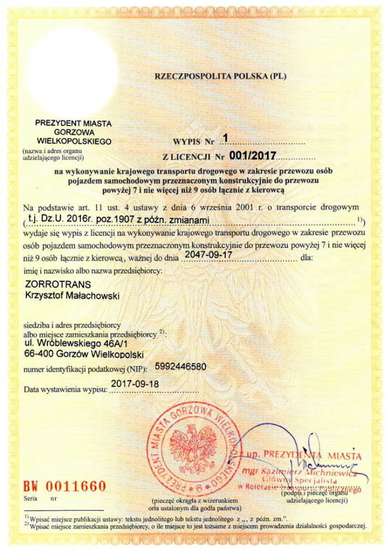Licencja Prezydenta Miasta Gorzowa - wypis 1